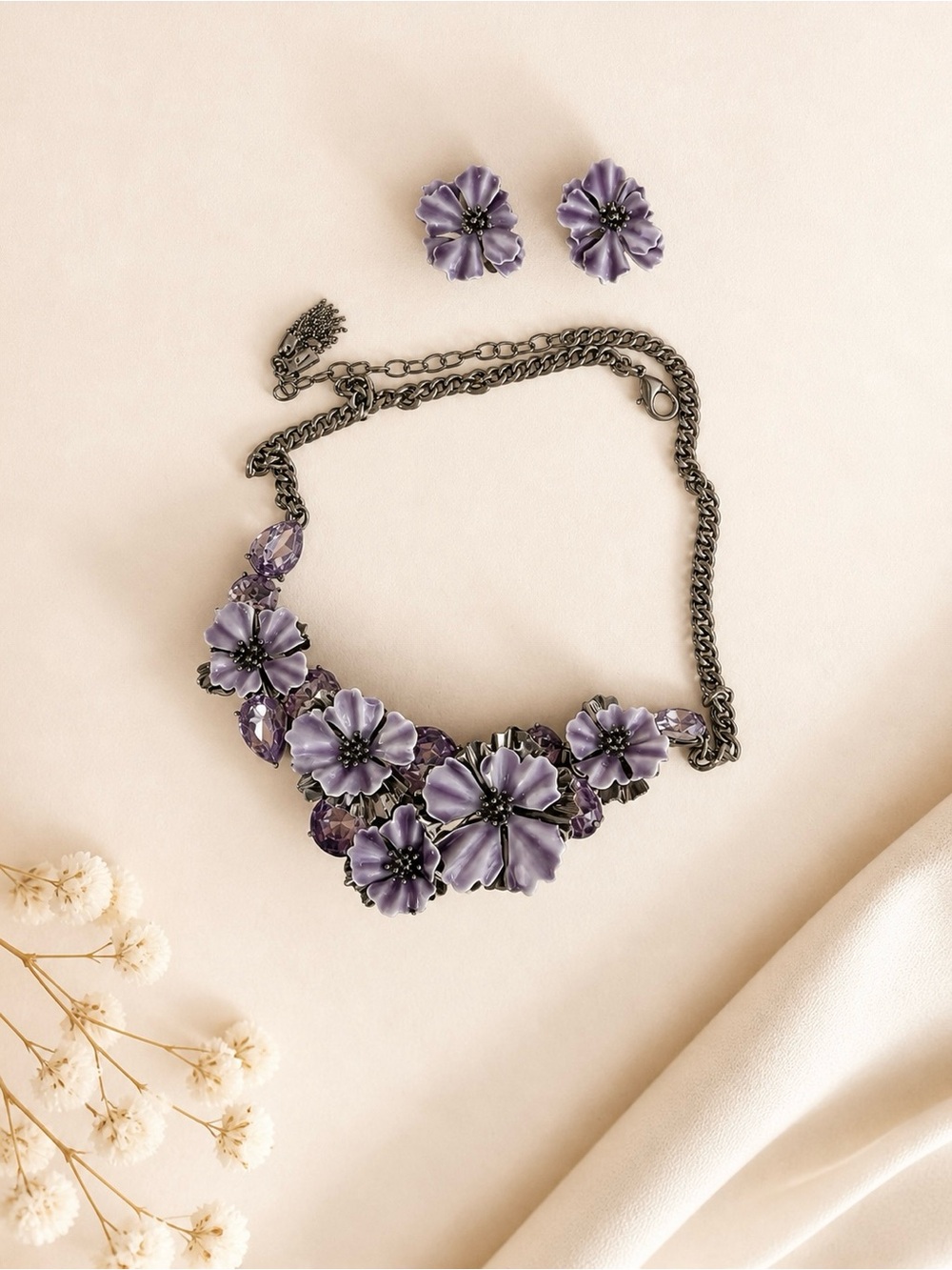 Purple Floral Statement Necklace and Earring Set - Women's Jewelry
